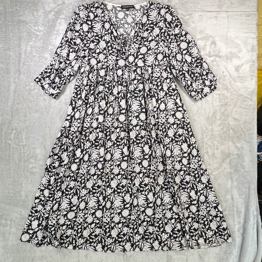 Eilly Bazar Black White Floral Print‎ Midi Dress V NeckSize S